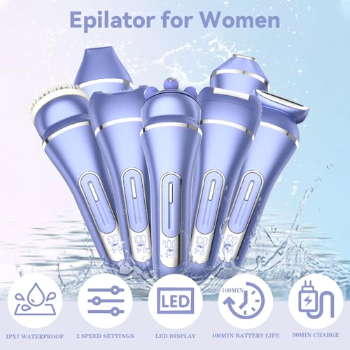 Epilator for Women, 7 in 1 Replaceable Hair Removal & Massager & Cleaner Devices, Bikini Trimmer, Face Massage, Face Exfoliating Brush, Foot Callus Remover, IPX7 Waterproof Razors (Purple)