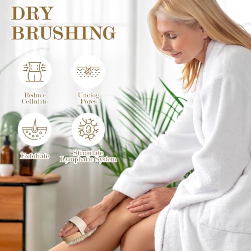 4pcs Dry Brushing Body Brush, Natural Bristle Dry Skin Exfoliating Brush Body Scrub for Flawless Skin, Cellulite Treatment, Lymphatic Drainage and Blood Circulation Improvement (Pack of 2)
