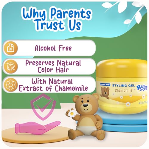 Ricitos de Oro Chamomile Hair Gel -Preserves Natural Color, Non-Greasy, Alcohol Free, Hypoallergenic, Tear-Free, Gentle Daily Use - Baby, Kids Hair Gel, Toddler - 4.05 Oz, 3-Pack
