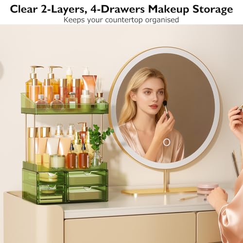 SNSLXH 4 Drawers Makeup Organizer - 4 Tier Makeup Storage, Cosmetics Organiser, Ideal for Cosmetic, 4 Dividers with Drawers for Countertop, Bathroom, Office Supplies, Dresser Transparent Green
