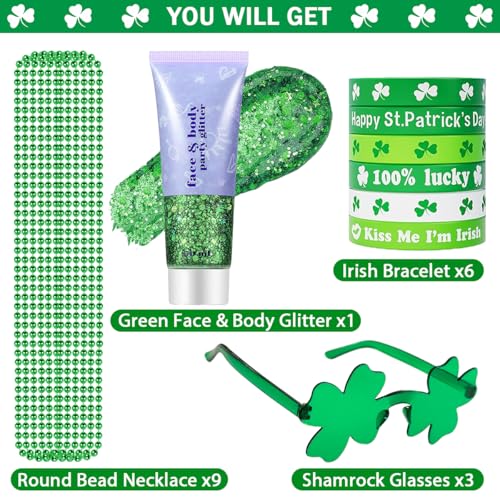 19PCS St. Patrick's Day Accessories Set, Green Face & Body Glitter, Green Glasses, Irish Bracelets, Round Bead Necklaces, Party Favors for Women and Family