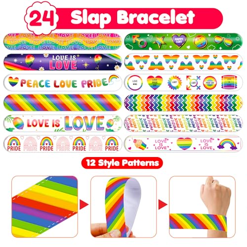 48PCS Pride Party Set - 24PCS Rainbow Temporary Tattoos & 24PCS Slap Bracelets-LGBTQ+Celebration Supplies, Birthday Gifts, Baby Shower Favors, Classroom Rewards,Party Decor for Kids (Boys & Girls)