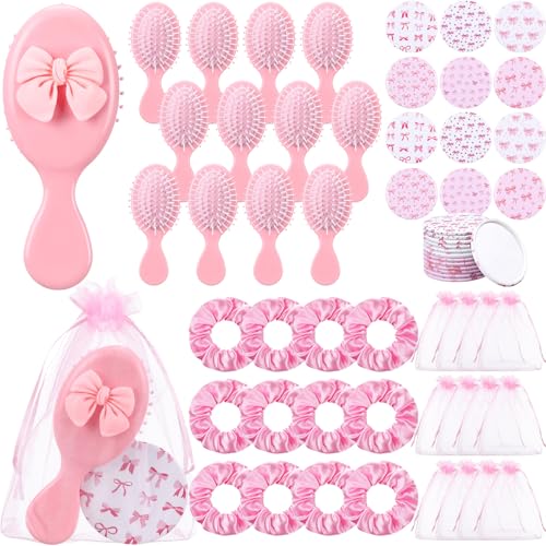 48 Pcs Coquette Bow Party Favors for Women Bow Compact Mirrors Mini Hair Brush Scrunchies Ties Organza Bags Thank You Gift Baby Shower Supplies
