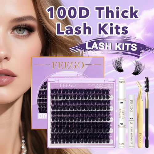 FEEGO Lash Extension Kit 100D/ 200D Fluffy 10-20MM D Curl Lash Clusters Eyelash 160pcs Extension Kit Individual Lashes with Lash Bond and Seal Lash Remover Lash (100D LASH KIT)