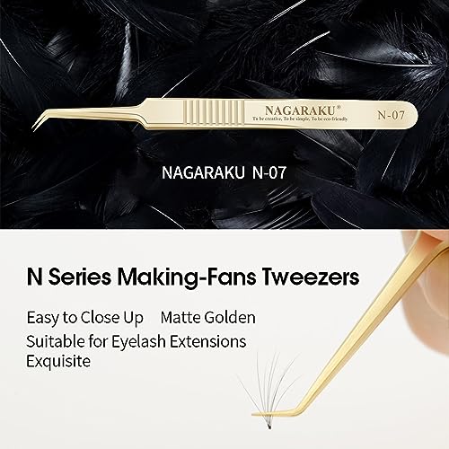 NAGARAKU Tweezers for Eyelash Extensions Gold Curved Angled Volume Cluster Super Light Weight Easy Fanning Tweezers Stainless Steel Precision (N-07)