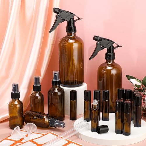14 Pack amber glass bottle Set,Empty Boston Round Bottles with Adjustable Nozzle,Multi Size and Versatile(16oz,8oz,4oz,2oz,1oz) x 2, 10 ml Roller Bottle x 4 with Labels