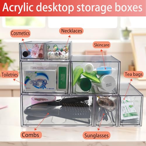 7 Pack Stackable Storage Drawers Acrylic Bathroom Makeup Organizer Clear Plastic Storage Bins for Makeup,Vanity,Pantry,Desk,Undersink,Kitchen