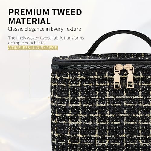 Makeup Bag, Luxury Tweed Cosmetic Bag for Women, Large Capacity Toiletry Bag Portable Organizer Pouch with Handle