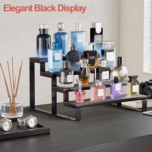 2 Set Black Cologne Organizer for Men, 12 Inch Cologne Stand 4 Tier Perfume Organizer for Dresser, Versatile Step Display Stand Shelf for Fragrance, Skincare, Figurine, Dessert (Wood & Metal)