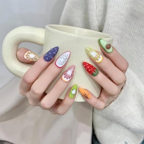 Wsliana Handmade Press On Nails - Medium Almond False Nail Tips, 3D Fruit Design, 10pcs Reusable Glue On Acrylic Fake Nails, Long-Lasting, Easy Fit | Fashionable Nail Kit | Natural Look (076, M)