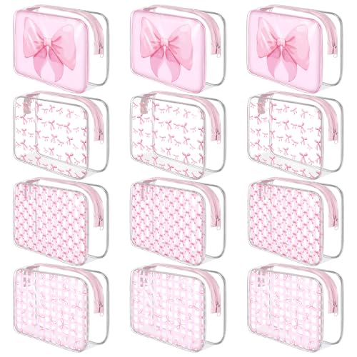 12 Pcs Clear Pink Bow Makeup Bags Bulk for Women PVC Coquette Cosmetic Bag with Zipper Travel Toiletry Pouch Pink Bow Team Gifts for Birthday Coquette Party Favor Storage Accessories