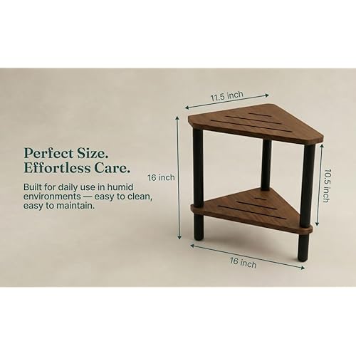 Corner Teak Shower Stool for Shaving Legs with Black Pine Wood Legs ? Small Teak Shower Seat for Inside Shower, Corner Seat, Bath Stool with Pumice Stone & Gua Sha, Multi-Use Side Table, Corner Shelf