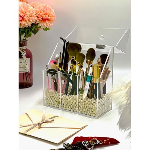 Acrylic Makeup Organizer,Clear Cosmetic Brush Storage Box With 3 Brush Holders,with Dust Cover, Large-capacity Split Design can Quickly Organize the Desktop (with3 bags of white pearls