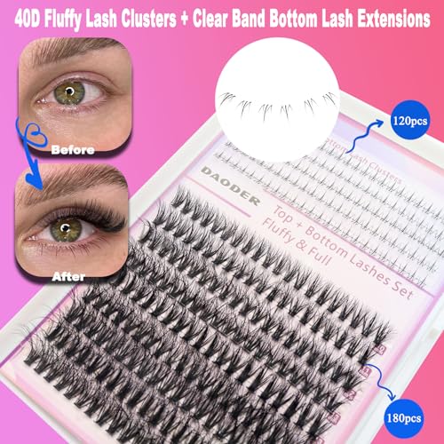 DAODER Natural Lash Clusters Kit with Bottom Lashes 40D Wispy Lash Extensions Kit Fluff Eyelash Extension Kit with Lash Remover 300pcs(40D+Bottom Lash Clusters Kit)