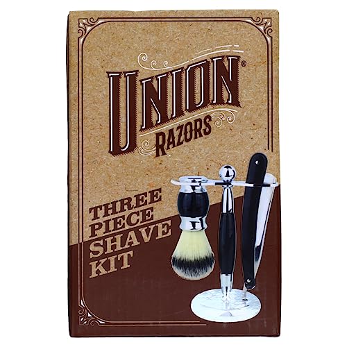 Union Razors SS5 Black Three Piece Straight Shave Kit with Razor, Brush and Stand with Wood Handles