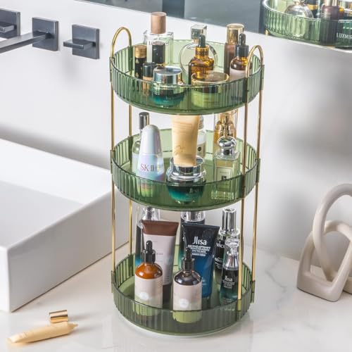 360¡Æ Rotating Makeup Organizer, 3 Tier Spinning Cosmetic Organizer for Vanity & Bathroom Countertop, Holds Tall Skincare Bottles, Perfume & Beauty Accessories ? Clear Green