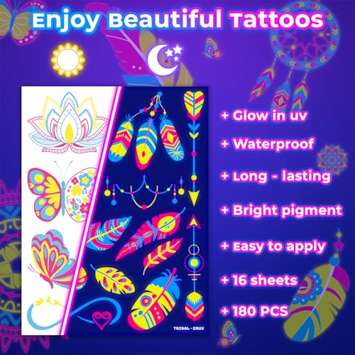 180PCS Tribal Glow in the Dark Pre-Cut Temporary Tattoos for Teens Adults | Glow Neon UV Blacklight Birthday Party Supplies, Favors, Decorations, Fake Tattoo Stickers, Rave Accessories, Gifts For