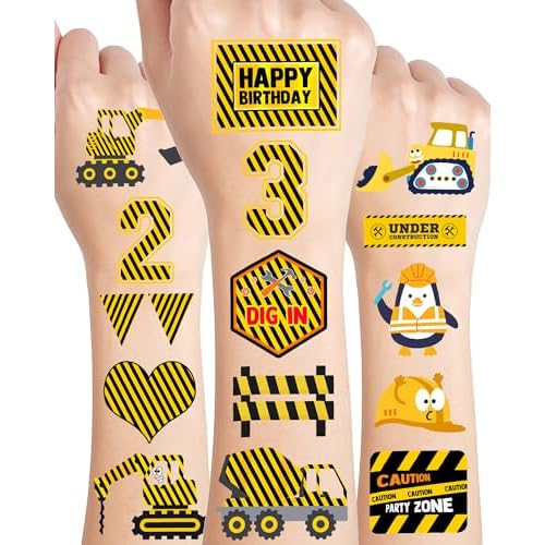 216 Pieces Under Construction Temporary Tattoos Stickers,20 Sheets Yellow and Black Striped Themed Tattoos Stickers Party Decoration Supplies Party favors for Kids Adults