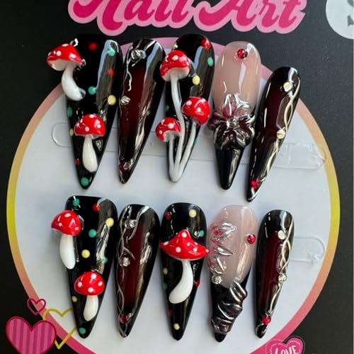 Luxury Press on Nails Long Stiletto Handmade 3D Unique Reusable ABS Material Fake Nails Black False Nails with Designs Mushroom Polka Dots Rhinestones Glossy Glue on Nail Thick Acrylic Nail(S)