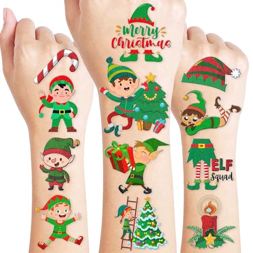 96PCS Elf Chritsmas Temporary Tattoos Winter Themed Birthday Party Decorations Supplies Favors Merry Xmas Snowflake Snowman Tattoo Stickers Gifts For Boys Girls Kids School Prizes Carnival Holiday