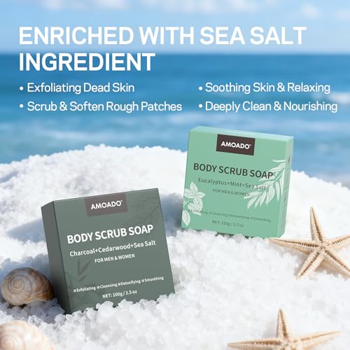 Exfoliating Body Scrub Soap Bar, 2 Pack Eucalyptus & Charcoal Soaps, Dead Sea-Salt Exfoliating Soap for Men & Women, Detox Cleansing, Smooth & Soften Skin