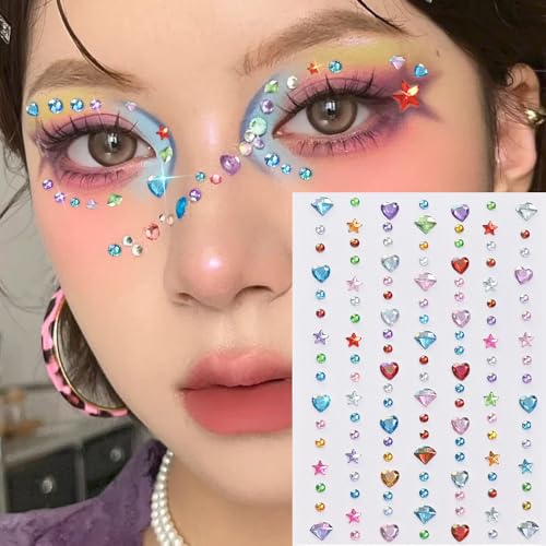 6Sheets Face Gems Stickers Self-Adhesive Hair Jewels Stickers Butterfly Heart Diamonds Mixed Colors Sparkly Rhinestone for Women Eye Face Makeup