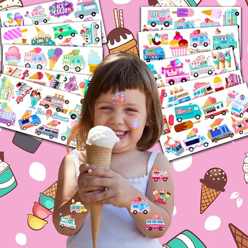 100 PCS Ice Cream Birthday Party Decorations Favors Supplies Temporary Tattoos Decor Ice Cream Truck Sweets Dessert Bar Stickers For Girls Boys Classroom School Prizes Reward