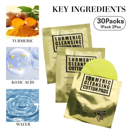 Kojic Acid Cleansing Turmeric Pads: Individually Wrapped Makeup Remover Face Pads, Travel Essentials for Women 30Packs(60Pads)