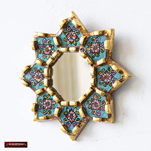 Turquoise Hanging Round Wall Mirror Living Room Decor- Peruvian Painted Glass Mirror Valentines Day Gift for Women - Ornate Mirror on The Wall