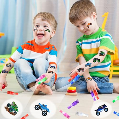 72 PCS Monster Truck Party Favors ? 48 PCS Luminous Tattoos & 24 PCS LED Finger Lights Combo ? Birthday Goodie Bag Fillers, Party Supplies, Gifts Light Up Toys Glow In The Dark for Boys and Girls