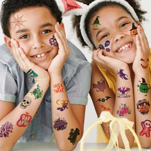 Glitter Halloween Tattoos for Kids - 74 Individually Sheets Glitter Pumpkin Bat Skeletons Spiderweb Tattoos for Kids Halloween Party Supplies Treats Goodie Bag Fillers