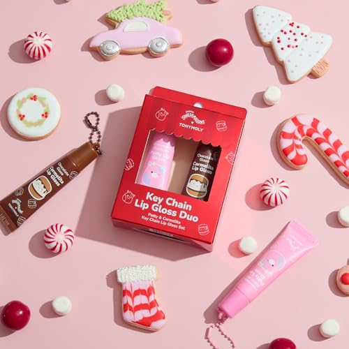 TONYMOLY x Squishmallows Lip Gloss Gift Set ? 2pc Patty¡¯s Strawberry Shortcake & Carmelita¡¯s Chocolate Glaze Keychain Duo, Hydrating Gloss, Holiday Limited Edition