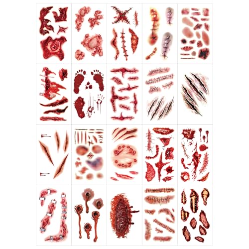 20 Sheets Halloween Scar Face Temporary Tattoos ? Realistic Bloody Wounds, Stitches, Bruises & Scratch Fake Tattoos for Zombie Makeup, Scar Makeup, Bride of Chucky Costume, Cosplay