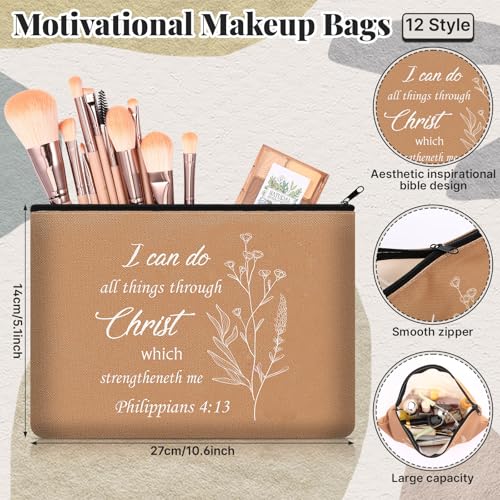 Funrous 12 Sets Religious Gifts Bulk for Women Motivational Bible Cosmetic Bags Aesthetic Inspirational Makeup Bags with Christian Quotes Keychains for Church Women Friends Appreciation Gifts Supplies