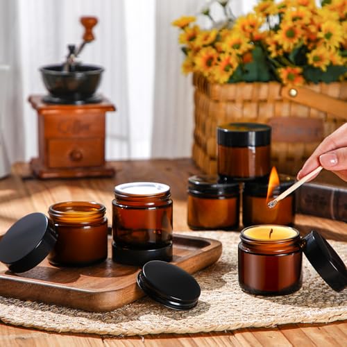 Domensi 48 Pcs 2 oz Amber Glass Jars with Sturdy Lids in 2 Materials Leakproof Empty Cosmetic Jars with Inner Liners Lid for Handmade Face Cream Lotions Powder Oils Spices Ointments Candle Paint
