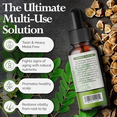 Moringa Seed Oil ? 100% Pure, Cold-Pressed & Virgin, Unrefined Non-GMO Vegan Oil, Ultra-Hydrating Moisturizer for Dry Skin, Damaged Hair & Body, Anti-Aging, Ideal Carrier Oil