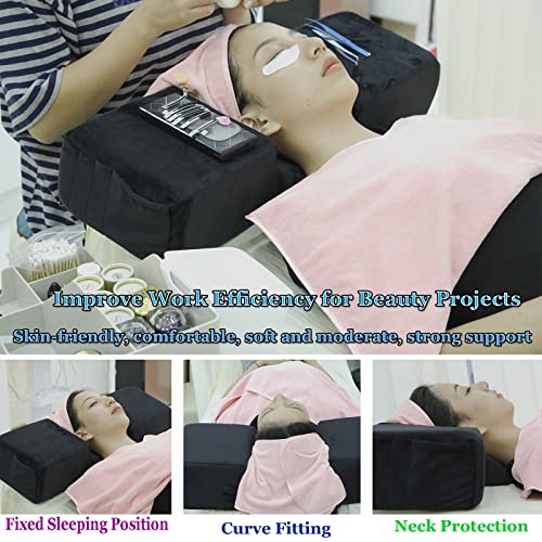 Puransen Lash Bed Pillow with Neck & Back Support - Curved Memory Foam Beauty Pillow for Eyelash Extensions & Salon Services, Two Pockets for Tools on The Sides of Removable Velvet Pillowcase (Black)