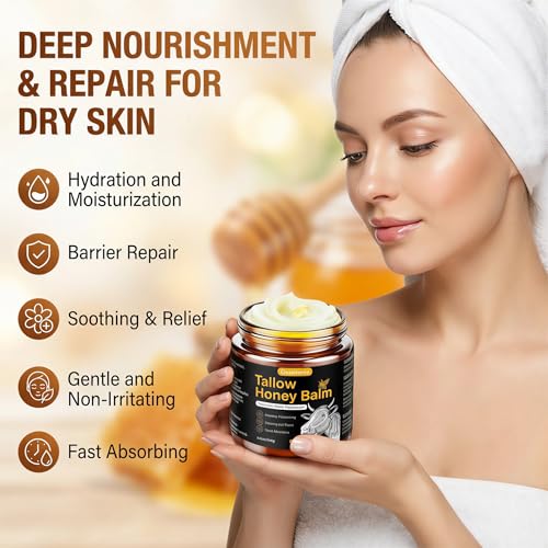 Beef Tallow Honey Balm for Skin,Face,Body - Handmade Whipped Cream Face Moisturizer with 100% Grass-Fed Beef Tallow & Raw Honey,Narural Organic Body lotion for Men&Women,Unscented,4.23OZ