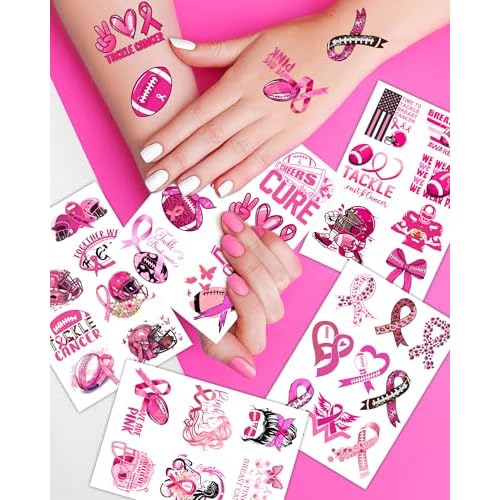 20 Sheets Pink Out Football Breast Cancer Awareness Temporary Tattoos Stickers,144 Pieces Time To Tackle Breast Cancer Themed Tattoos Stickers Party Decoration Supplies favors for Adults