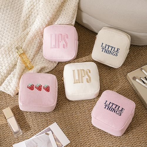 Small Makeup Bag for Purse£¬Personalized Mini Corduroy Cosmetic Bag with Embroidered Letter, Aesthetic Cosmetic Pouch, Cute Lipstick Holder for Women and Girls(04Beige Little Things)