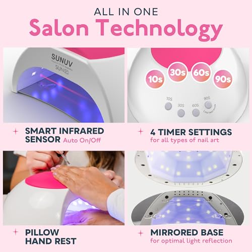 SUNUV 48W UV Light for Nails, 15ml Top and Base Coat Gel Polish Set Home and Salon Use SUN2C Pink