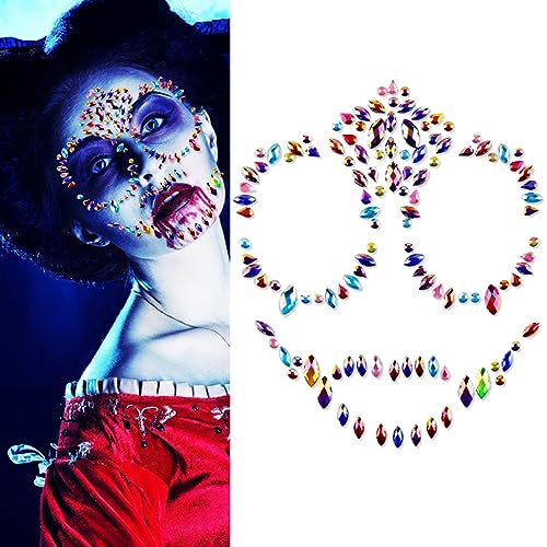 Halloween Skeleton Face Gems Jewels Rhinestone Temporary Tattoos Face Jewels Day of the Dead Face Stickers Gems Blue Glitter Jewels for Crystals Face Stickers Eyes Face Body 1 Pack