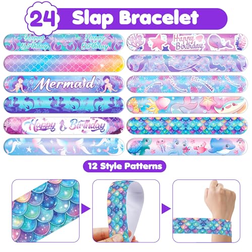72 PCS Mermaid Party Favors - 48 Temporary Pre-Cut Tattoos & 24 Slap Bracelets - Party Favors for Boys & Girls, Birthday Goodie Bag Fillers, Baby Shower Gifts, Classroom Rewards
