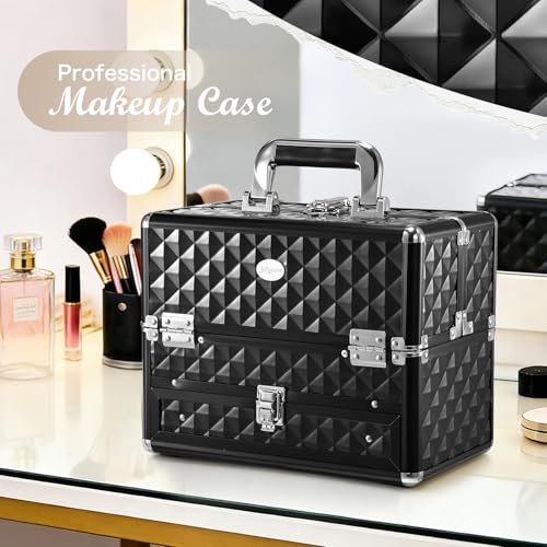 Joligrace Makeup Train Cases Professional Travel Makeup Cosmetic Cases Organizer Portable Box with Drawer Black