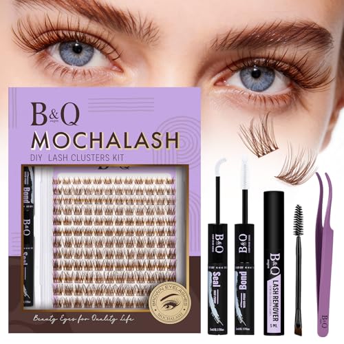 B&Q Brown Lash Clusters Kit Natural Mochalash Clusters 01, Brown Eyelash Clusters Kit C-Curl Cluster Eyelash Extensions 8-16mm Wispy Lash Eyelashes Kit for Fair/Dark Hair(Mochalash 01 Set)
