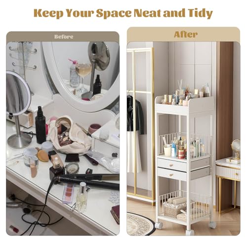 Makeup Organizer Storage Cart, Rolling Floor Skincare Organizer with 2 Drawers, Makeup Vanity Organizer Cosmetics Display Cases Holder for Skin Care, Perfume, Makeup Brush, Nail Polish, Hair Tools