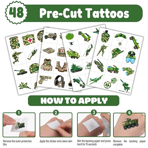 72PCS Military Party Favors 24PCS Pre-cut Tattoos Sticker 24PCS Slap Bracelets Perfect for Themed Birthday Baby Showers or Classroom Rewards Ideal Decor and Gifts for Girls and Boys