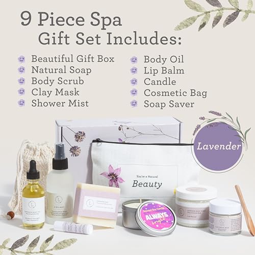 Lizush Luxury Spa Gifts for Women - 9 Piece Lavender Gifts for Her, Gift Baskets, Body Care Set for Mom, Birthday Box For Women, Self Care Spa Kit For Wife - Handmade in the USA