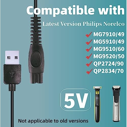 Qjin USB-A Charging Cable for Philips Norelco 2400, 3600 & MG5910 MG7910 MG7975 MG9510 MG9522 MG9575 - OneBlade QP1424 QP2724 QP2834 QP4530 QP6542 Trimmer & Shaver - 5V USB Charger Cord - 2 Pcs