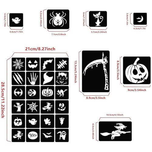 XMASIR 45Pcs Halloween Glitter Tattoo Stencil Kit for Kids,Halloween Pumpkin Stencils Temporary Tattoo Sticker Children Drawing Templates(3 Sheets)